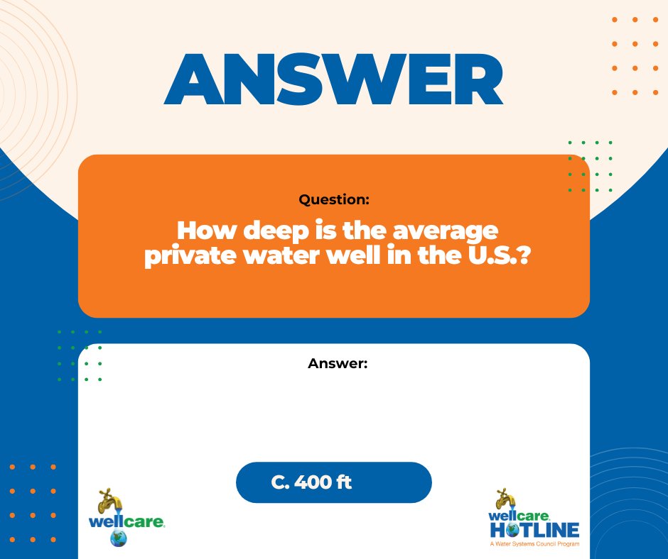 ✅ TRIVIA ANSWER:
The correct answer is… C) 400 feet! 💧

Most private wells in the U.S. are drilled 300–500 ft deep, but some go over 1,000! Depth varies by geology &amp; groundwater.

#WaterWellTrivia #FunWaterFact #waterwells #wellcare #wellcarehotline #wellcareWON #wellwater