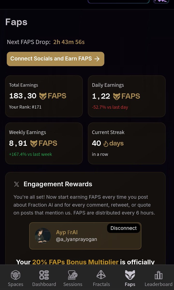 Ayp 𝔽rAI (@a_iyanprayogan) on Twitter photo 183.30 🐦FAPS total earned!
Daily: 1.22 🐦FAPS
Weekly: 8.91 🐦FAPS (+167% 🚀)
Streak: 40 days 🔥
We grow together, stay engaged, stay connected. 💎✨
<a href="/FractionAI_xyz/">Fraction AI</a> 183.30 🐦FAPS total earned!
Daily: 1.22 🐦FAPS
Weekly: 8.91 🐦FAPS (+167% 🚀)
Streak: 40 days 🔥
We grow together, stay engaged, stay connected. 💎✨
<a href="/FractionAI_xyz/">Fraction AI</a>