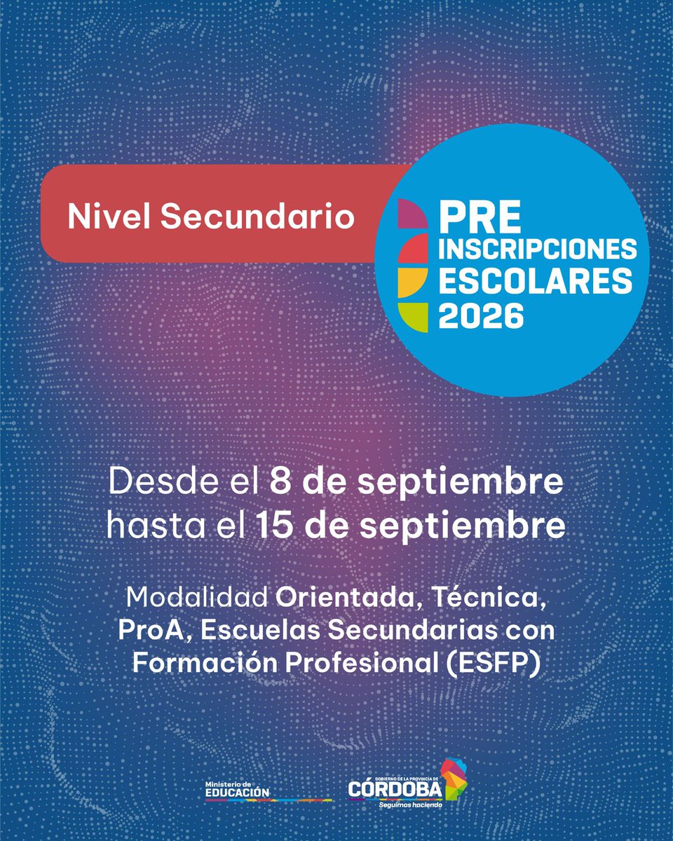 educacioncba's tweet photo. 🔊 ¡PREINSCRIPCIONES ESCOLARES 2026! 📚

🗓️ Del 25/08 al 15/09 podés inscribir a ingresantes en Nivel Inicial, 1° grado de Primaria y 1° año de Secundaria (Orientada, Técnica, Pro-A, ESFP y Jóvenes y Adultos).

👉 Conocé las fechas por nivel. https://t.co/5nOtsUS4oL