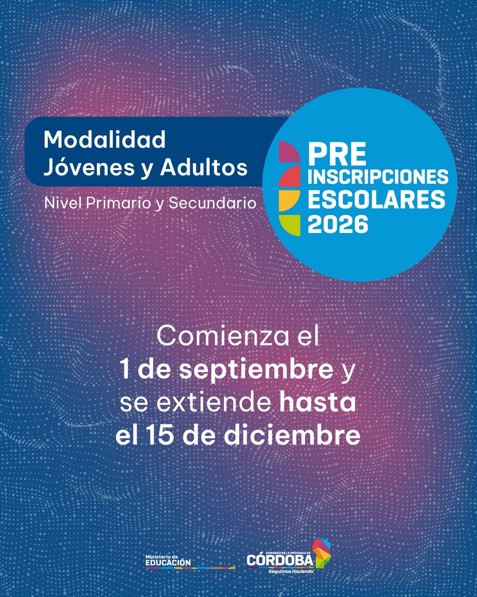 🔊 ¡PREINSCRIPCIONES ESCOLARES 2026! 📚

🗓️ Del 25/08 al 15/09 podés inscribir a ingresantes en Nivel Inicial, 1° grado de Primaria y 1° año de Secundaria (Orientada, Técnica, Pro-A, ESFP y Jóvenes y Adultos).

👉 Conocé las fechas por nivel.