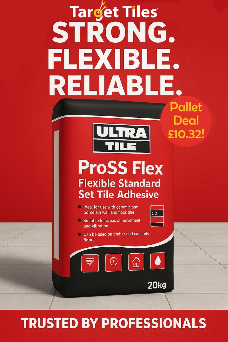 TargetTiles's tweet photo. 🚨 Special Pallet Offer Alert! 🚨

Grab UltraTile Pro SS Flexible Wall &amp; Floor Tile Adhesive – Grey (20kg) at an unbeatable price of just £10.32 per bag (pallet deal)! 🧱✨

✔️ Flexible &amp; reliable
✔️ Perfect for walls &amp; floors
✔️ Trusted by professionals

#TileAdhesive #TradeDeal https://t.co/vXAbayQiqF