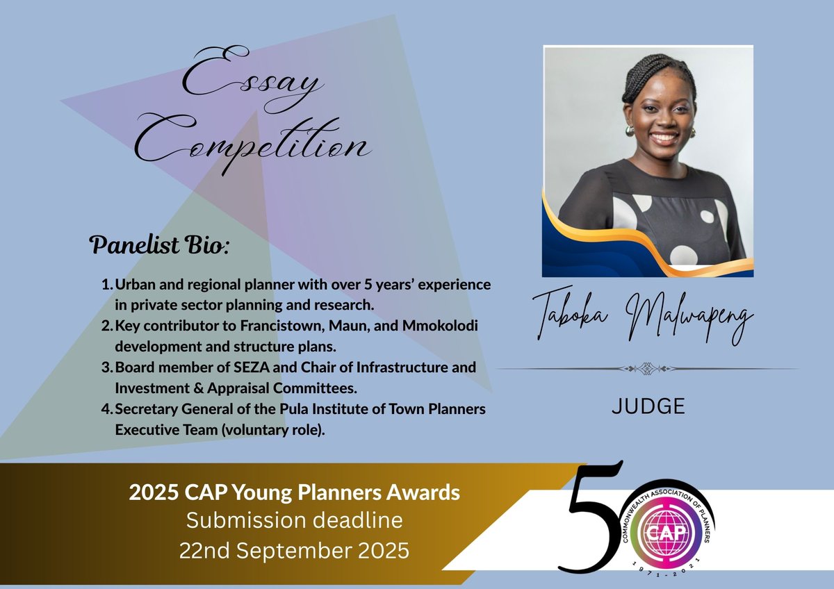 We’re pleased to introduce one of our judges for this year’s CAP Young Planners Essay Competition: Taboka Malwapeng.
More information available here: lnkd.in/gvfbkdK
#CAPYPN2025 #MeetTheJudge #YoungPlanners #UrbanPlanning #TabokaMalwapeng