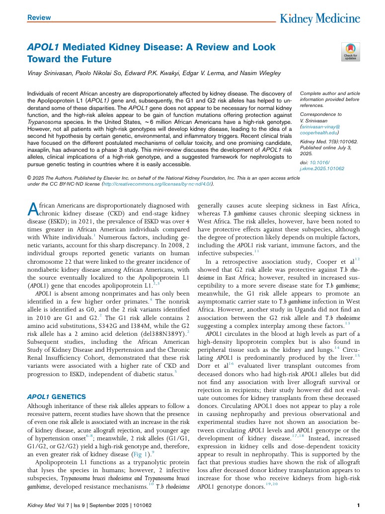 APOL1 Mediated Kidney Disease (AMKD): Clinical approach to genetic testing ca. 2025 from <a href="/KidneyMed/">Kidney Medicine</a> <a href="/GlomCon/">GlomCon</a> <a href="/KwakyiEdward/">Edward Kwakyi</a> <a href="/nikkonephro/">Paolo Nikolai So</a> <a href="/NWiegley/">Nasim Wiegley, MD, FASN</a>
#Nephpearls

👉 pubmed.ncbi.nlm.nih.gov/40837248/