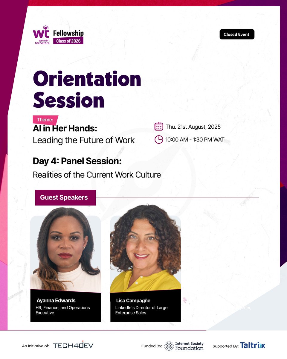 oluronkis's tweet photo. #Day4 was another impactful moment 🔥🔥 with Lisa, Ayanna, and Jane, who covered workplace dynamics and success strategies, followed by Kayode's session #IcyOnTheCake on building a professional digital presence and using AI to optimize LinkedIn. #Day4 #AIForHer #WTFC26 #Tech4Dev https://t.co/IrOgi2Wc2K