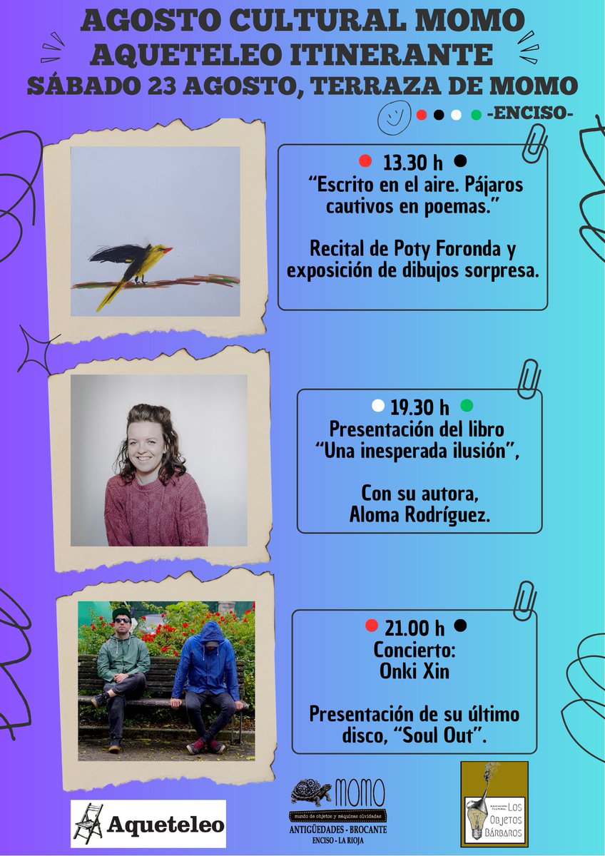 pepitaseditora's tweet photo. «Escrito en el aire. Pájaros cautivos en poemas»
@Aqueteleo 
Recital de Poty Foronda con lecturas de Esther Pascual.
📌 Sábado, 23 agosto
📌Terraza de Momo, Enciso, La Rioja.
*
Días bajo el cielo
@PotyForonda 
https://t.co/xcGBcSHOop

Volar
Henry Thoreau
https://t.co/nt4lOaesMG https://t.co/ifpdrN9qqe