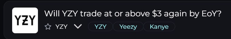 Markets like this are exactly why Outcome exists.

Imagine being able to back your take instantly:
📈 $YZY back to $3 by EoY
📉 $YZY drops to the depths of hell

Starting on Monday, fight for your share of the $10k+ prize pool below ↓
testnet.outcome.market/whitelist