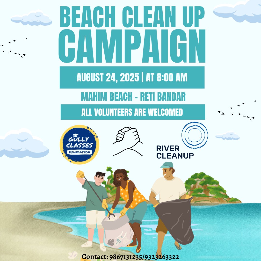 gullyclasses's tweet image. 🌊 BEACH CLEANUP ALERT! 🌊
Join Gully Classes Foundation x River Cleanup on 24th Aug 2025 (Sun) at Mahim Beach, Reti Bundar, Mumbai 🕘 8–10am.
⚠️ Pre-registration mandatory 👉 Scan QR 🌍💚
#GullyClassesFoundation #RiverCleanup #Mumbai #Beach
#BeachCleanup #MumbaiCleanup