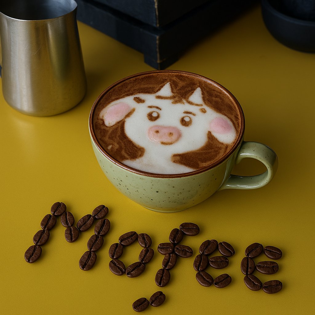 Elfeda1008's tweet photo. ☕️ LAMUMU or coffee? Why not both! Today I wrote "Mofee" with coffee beans and topped it with cute latte art 🐮💖 Drinking coffee has never been so sweet! 
@lamumudotxyz
#LatteArt #CoffeeLovers #Mofee #Lamumu https://t.co/avn4ZiuKe5