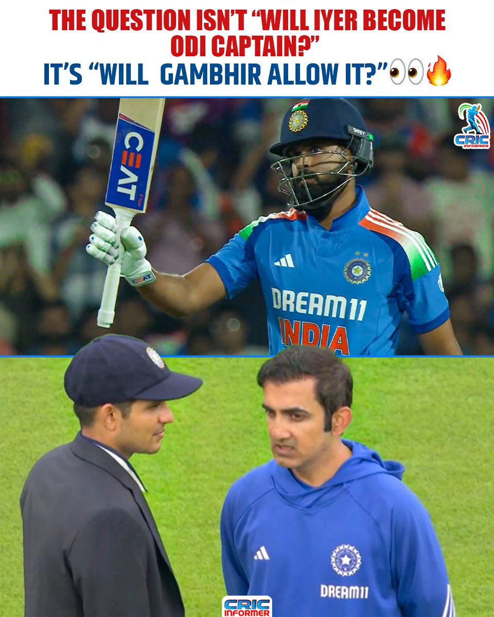 CricInformer's tweet photo. The question isn’t “Will Iyer Become ODI Captain?”
It’s “Will Gambhir allow it?” 👀🔥
#CommentYourThought
#cricket #AsiaCup2025 #ShreyasIyer https://t.co/5VLqBYH4wj
