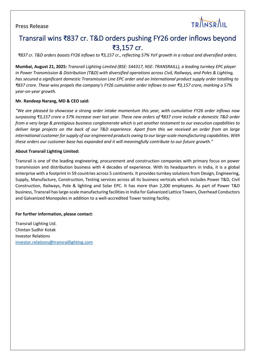 ZTC_11's tweet photo. ๐ Transrail wins โน837 Cr T&D orders; FY26 inflows cross โน3,157 Cr (+57% YoY)
#Transrail #EPC #PowerTnD #GrowthMomentum #Infrastructure #MakeInIndia #EngineeringExcellence #FY26Growth #OrderWin https://t.co/t4Ily8Vy7T