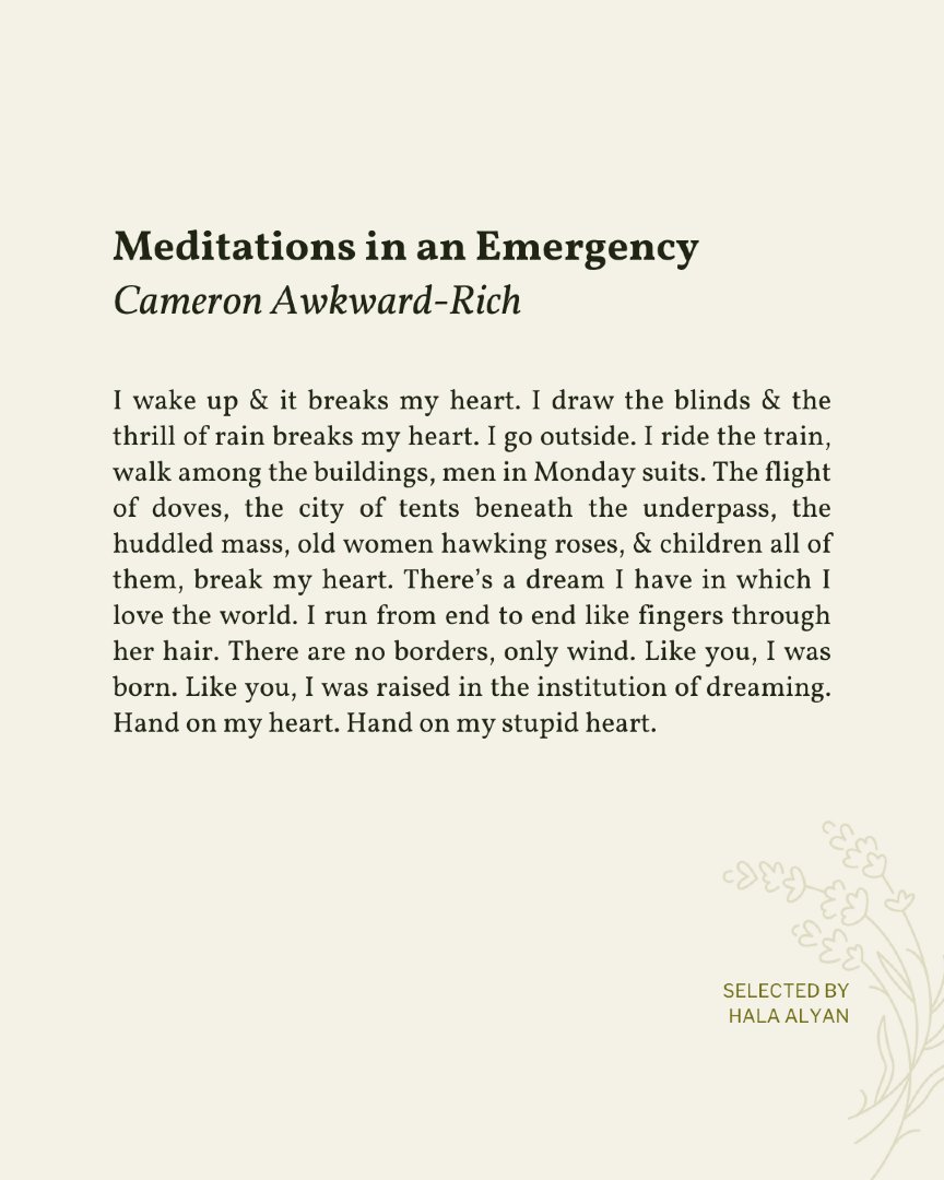 Today’s poem is selected by Hala Alyan as part of the 20th anniversary of Read A Little Poetry.

“Meditations in an Emergency” appeared in Dispatch by Cameron Awkward-Rich, published by Persea Books, 2019. Shared here with deep gratitude.