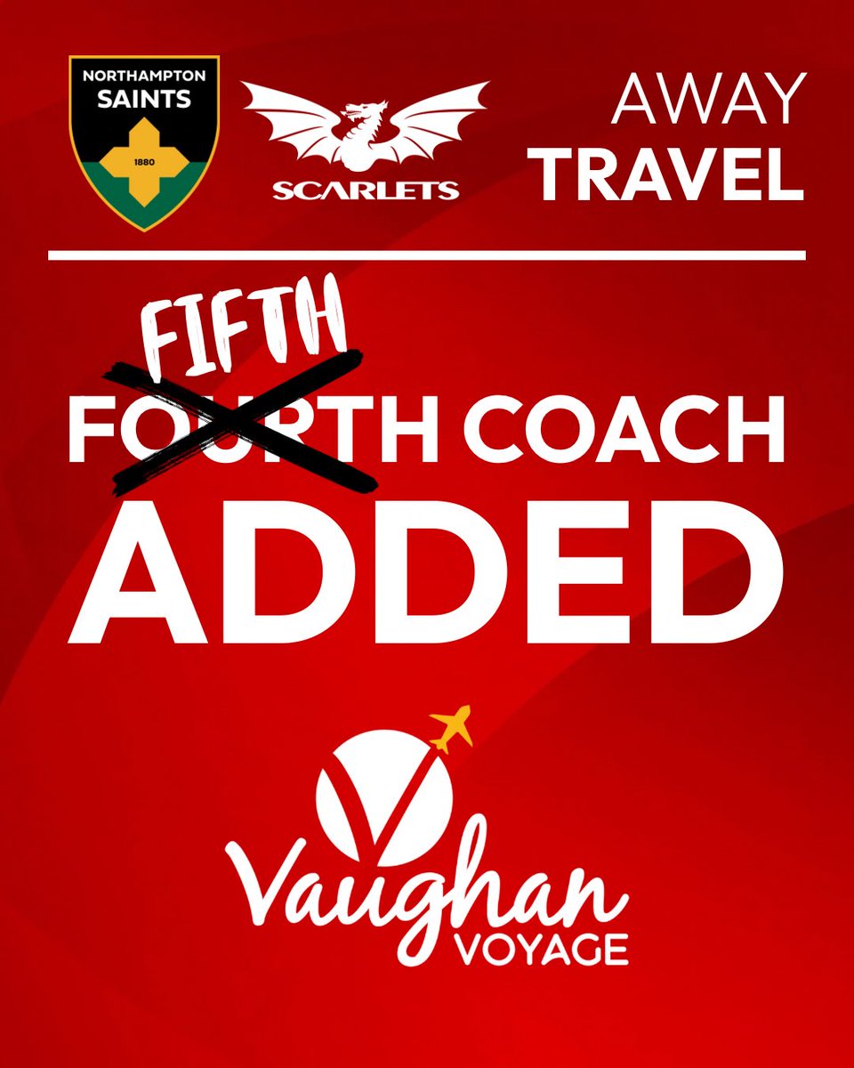 Amazing support! <a href="/scarlets_rugby/">Scarlets Rugby</a>, what a club!

FIRST COACH FULL! 🚌
SECOND COACH FULL! 🚌
THIRD COACH FULL! 🚌
FOURH COACH FULL! 🚌

Yes, it’s time to fill a FIFTH coach for our one nighter in Northampton!😁

If you’d like to join us, please email now.👇

info@vaughanvoyage.com