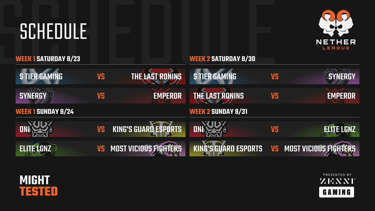 We have a packed schedule for you! Here are the lineups for the next couple of weeks of The Nether League Presented By <a href="/Zenni_Gaming/">Zenni Gaming</a>

Donated To The Prize Pool: kolo.gg/donate
Learn More: kolo.gg/league