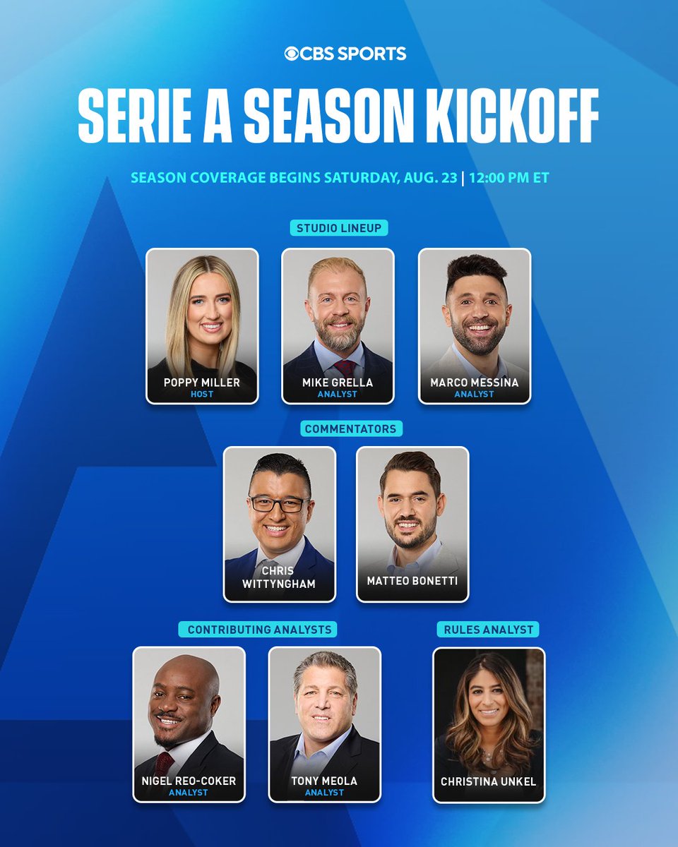 CBSSportsGang's tweet photo. CBS Sports kicks off the @SerieA season on Saturday with pre-match studio coverage beginning at 12 PM ET on @paramountplus and CBS Sports Golazo Network https://t.co/R21E7bXaaK