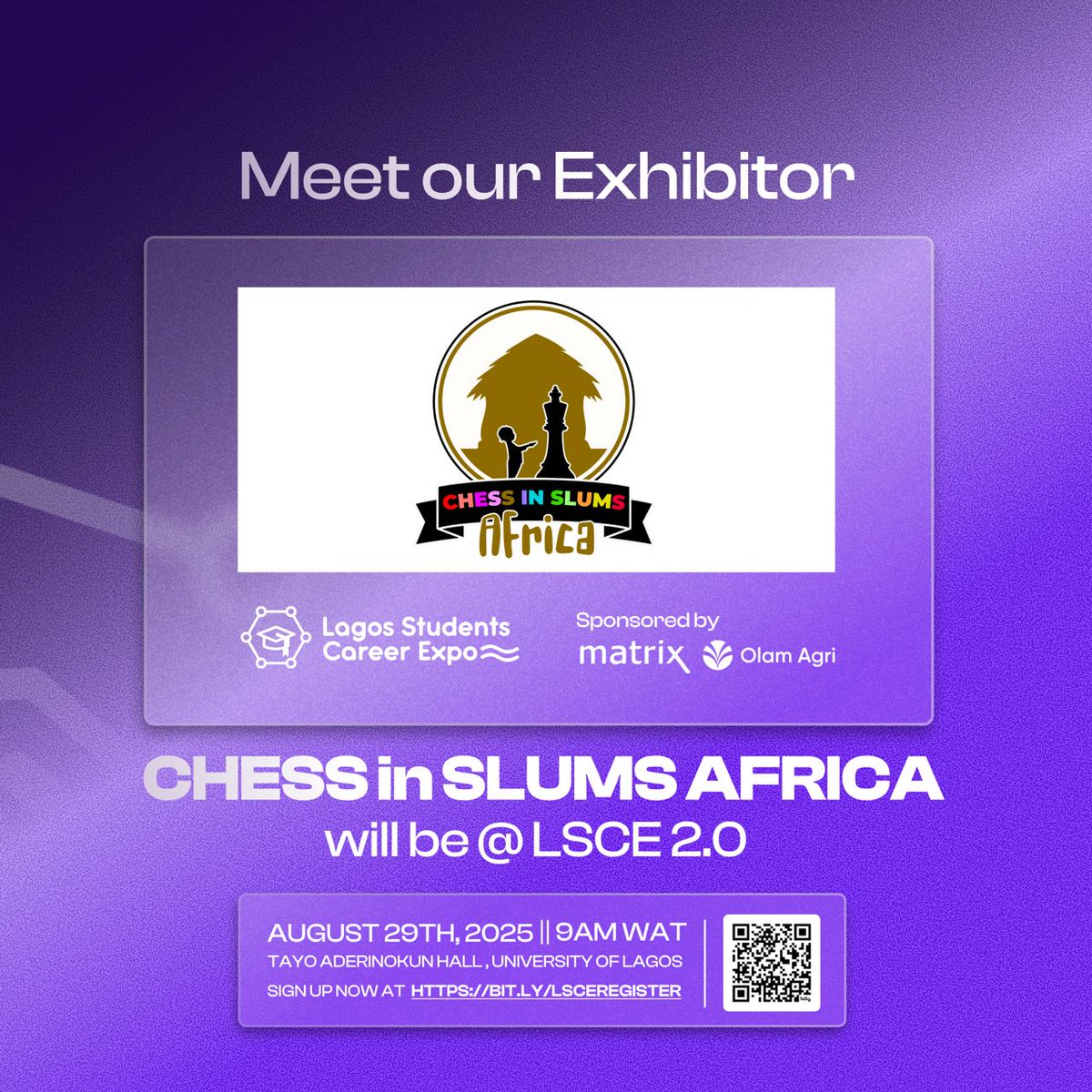 We’re proud to announce CHESS In SLUMS AFRICA <a href="/chessinslums/">CHESS IN SLUMS AFRICA</a>  as an official exhibitor

Meet with them and 20+ companies at LSCE 2.0
🗓 August 29th, 2025
📍Tayo Aderinokun Hall, University of Lagos

Already Registered?
Join the community here:
bit.ly/4fqVPIP