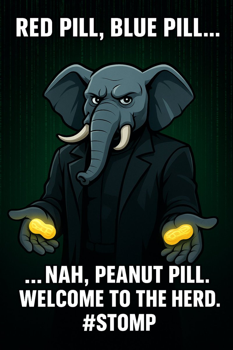 They told you to choose red pill or blue pill…

But the herd only chooses one thing: 🥜🐘

The Peanut Pill 💊✨
Welcome to $STOMP.

#PulseChain #STOMP #CryptoMeme