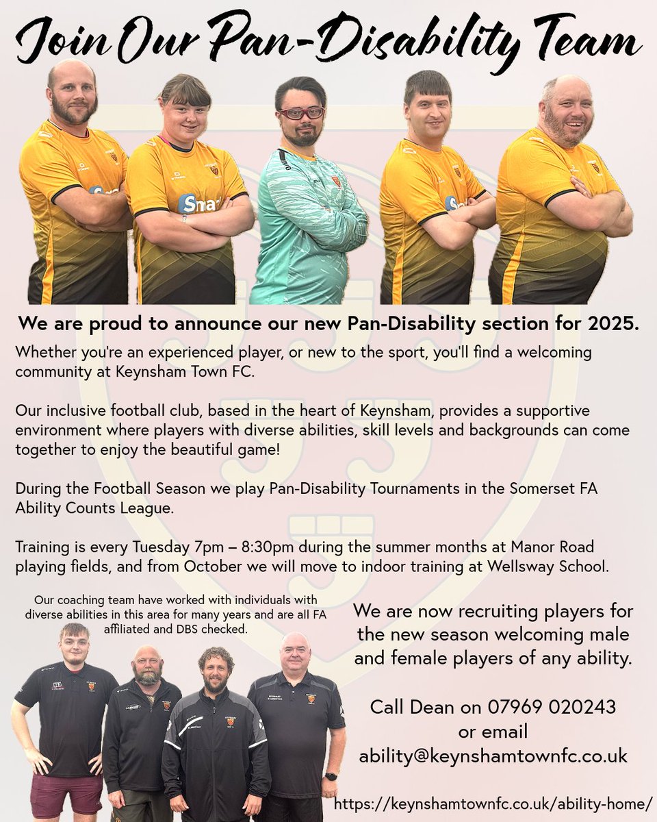 Keynsham Town FC (@keynshamtownfc) on Twitter photo 🚀 Big News! KTFC Launches Pan-Disability Football! ⚽
Everyone can play! Our new Pan-Disability section brings fun, fitness, and friendship to players of all abilities. Join us to learn, grow, and thrive in a fully inclusive environment.
zurl.co/en3QQ
<a href="/SomersetFA/">Somerset FA</a> 🚀 Big News! KTFC Launches Pan-Disability Football! ⚽
Everyone can play! Our new Pan-Disability section brings fun, fitness, and friendship to players of all abilities. Join us to learn, grow, and thrive in a fully inclusive environment.
zurl.co/en3QQ
<a href="/SomersetFA/">Somerset FA</a>