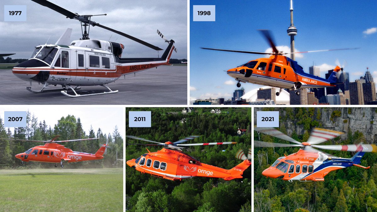 Ornge's tweet photo. Take a look at how our helicopter livery has transformed over the decades. Each design reflects a moment in time, showcasing the evolution of our identity and the continued commitment to serving Ontarians with high-quality air ambulance service. Which era is your favourite?🚁 https://t.co/PjZqfGNlze