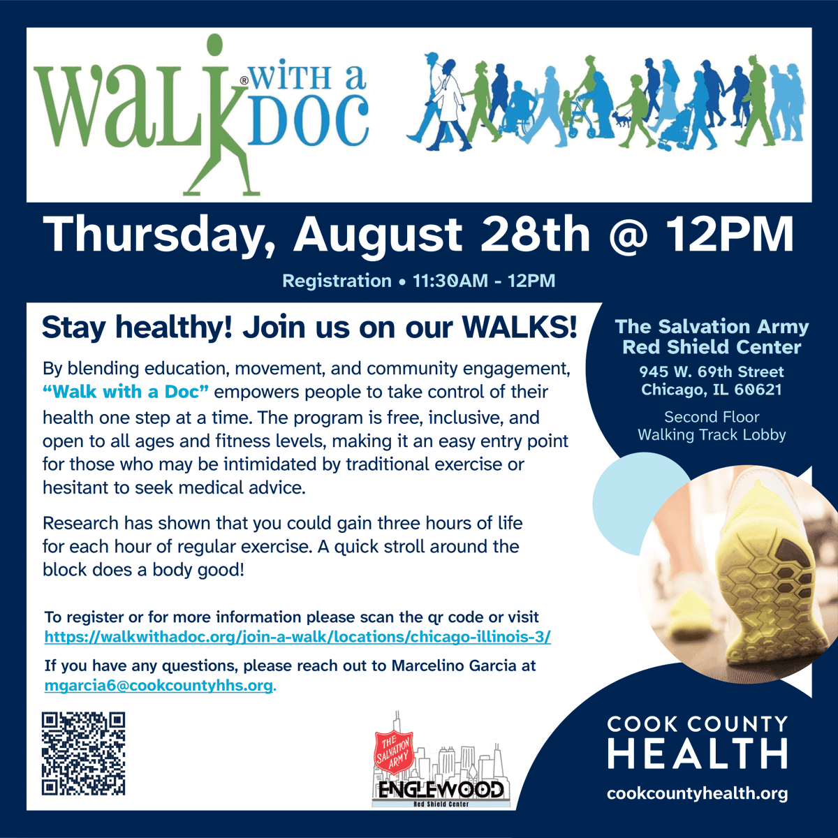 We're excited to host our next Walk With A Doc event Thursday, August 28 at noon. This doctor-led walking group is a safe, fun, and FREE community event where you’ll take a walk (or roll) at your own pace, learn about a health topic, and meet new people. cookcountyhealth.org/walk