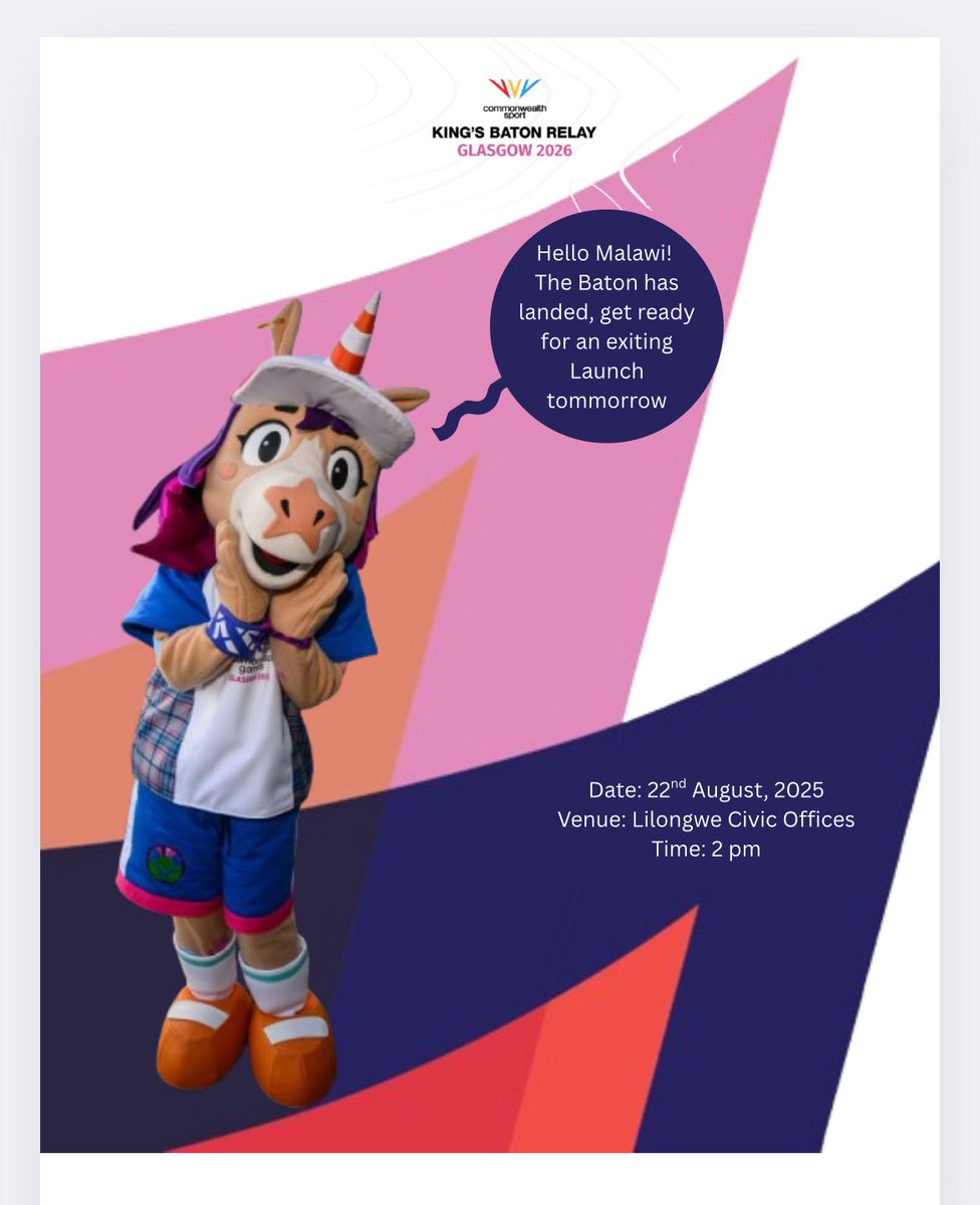 The Baton is Here! 
Malawi, get ready for an exciting launch of the King’s Baton Relay Glasgow 2026 

📍 Lilongwe Civic Offices
🗓 22nd August 2025 
🕑 14:00  hours 

Don’t miss the celebration as we welcome the Baton to Malawi

#commonwealthGames
#Glasgow2026
#kbr
#MoreInCommon