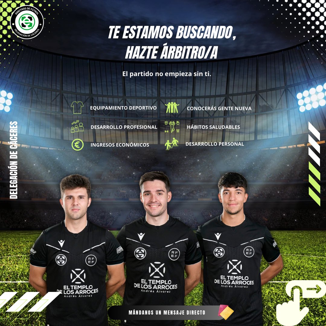 FutbolArbitros's tweet photo. ⚽️👩‍⚖️👨‍⚖️ ¡El partido no empieza sin ti!

 Estamos buscando nuevos árbitros/as.

✅ Equipamiento deportivo
✅ Ingresos económicos
✅ Desarrollo profesional y personal
✅ Nuevas amistades y experiencias

📲 Contáctanos al 645 92 76 00 o mándanos un mensaje directo y únete al equipo. https://t.co/lbRMjkI54h