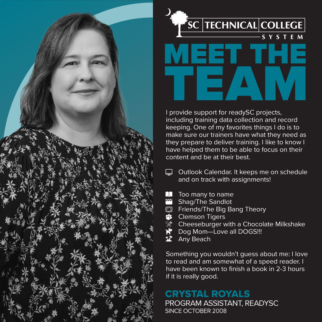 It’s our people who set us apart. Meet the talented team ensuring affordable, accessible, and relevant career and technical education for all South Carolinians!

Presenting readySC Program Assistant, Crystal Royals.

#MeetTheTeam