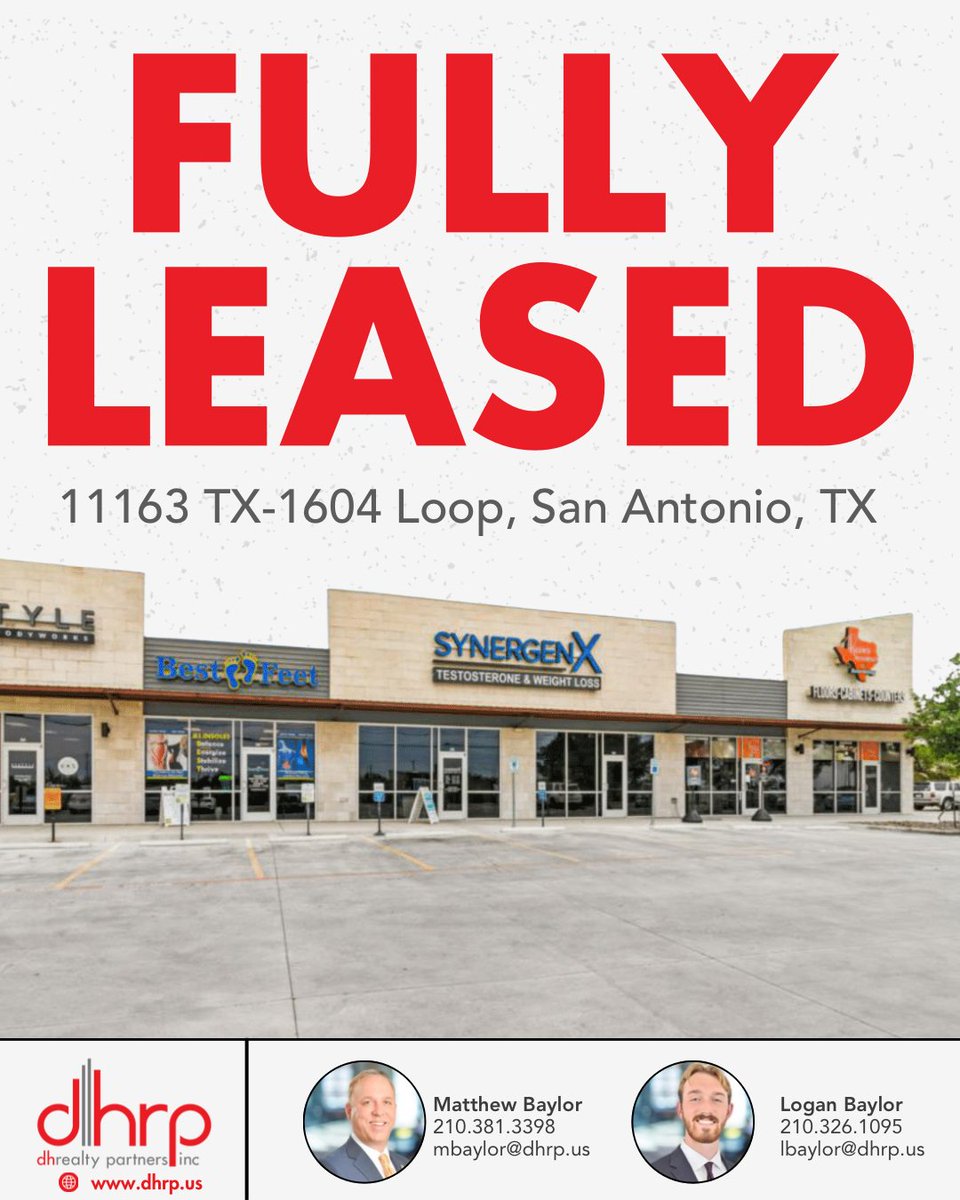 dhrp_inc's tweet photo. FULLY LEASED! Congratulations to industry leaders Matthew Baylor and Logan Baylor of our DH Realty Partners team.
Need elite leasing services? Contact us at 210.222.2424 to see how we can best serve you. #EliteLeasing #FullyLeased #dhrp #SanAntonio https://t.co/bhCP5aL0Ev