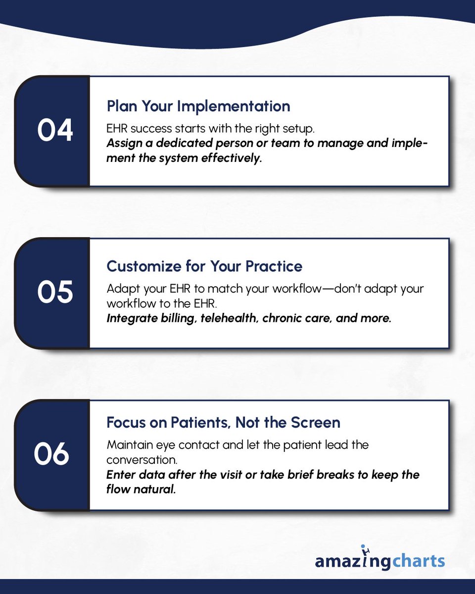 AmazingCharts's tweet image. Maximize the potential of your EHR software and take your practice to the next level! With the right approach, you can streamline workflows, save time, and focus on your patients.

Know more: hubs.ly/Q03DbnVR0

#EHRSoftware #HealthcareEfficiency #PracticeManagement