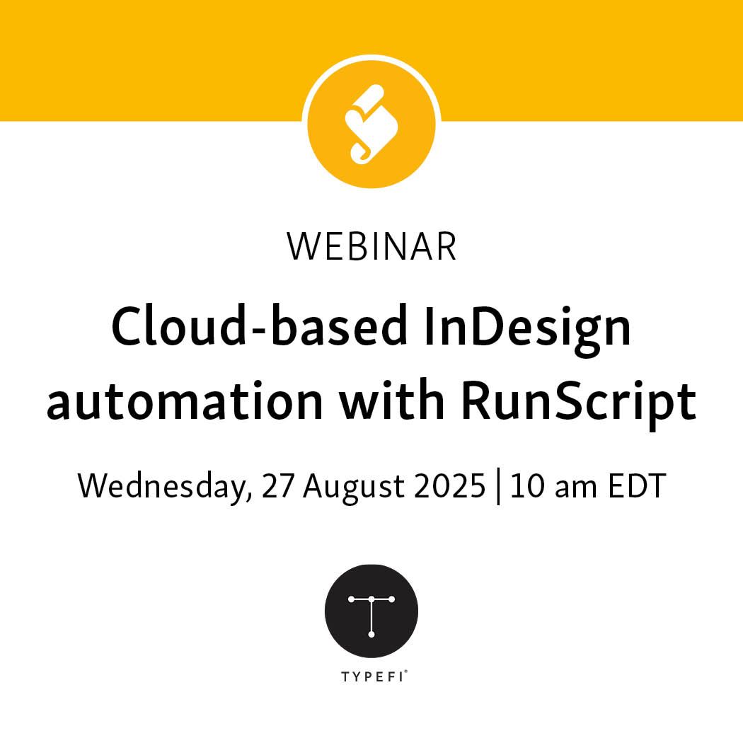 🚀 RunScript lets you automate nearly any task in #InDesignServer for just pennies per job! There’s no expensive annual license and no need to manage complex servers. Learn more in our next webinar.

Register now: bit.ly/3HetDfG
 
#PublishingAutomation #RunScript