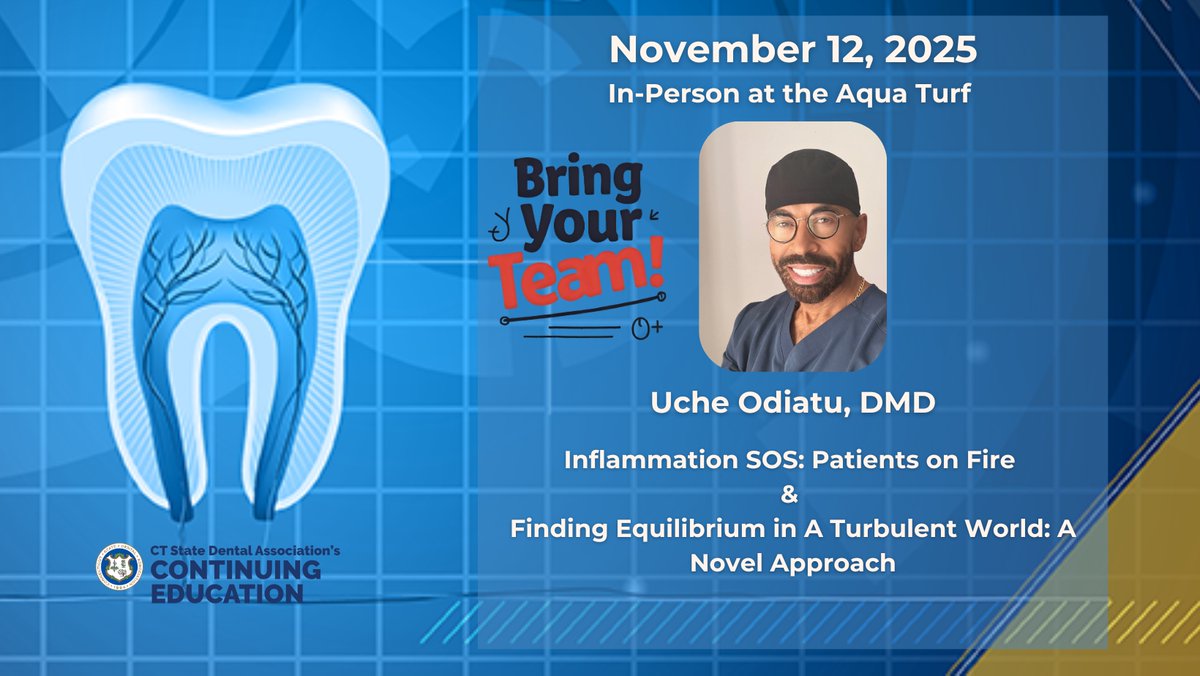 CtStateDental's tweet image. Join Dr. Uche Odiatu, DMD, for an eye-opening session on inflammation &amp;amp; finding equilibrium in today’s world.

📍 In-person at The Aqua Turf Club
📅 November 12, 2025

Expand your knowledge, elevate your practice—register now: ow.ly/6IW650WEO9y

#CE #TheLearningNeverStops