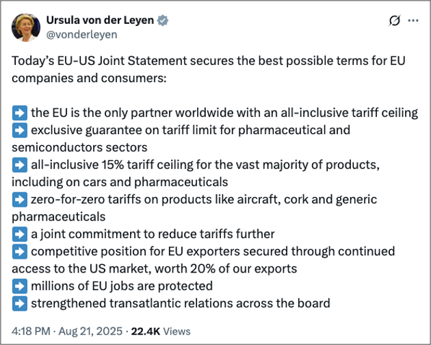 Harris Samaras (@harrissamaras) on Twitter photo The US-EU Trade Agreement
Where were you all this time Madam President?
Funny also Mrs. <a href="/vonderleyen/">Ursula von der Leyen</a>, you make it sound as if you have won the trade war against the US, and as if you are for a free-market economy.
| <a href="/realDonaldTrump/">Donald J. Trump</a> <a href="/vonderleyen/">Ursula von der Leyen</a> #USA #EU #Tariffs #TradeWars The US-EU Trade Agreement
Where were you all this time Madam President?
Funny also Mrs. <a href="/vonderleyen/">Ursula von der Leyen</a>, you make it sound as if you have won the trade war against the US, and as if you are for a free-market economy.
| <a href="/realDonaldTrump/">Donald J. Trump</a> <a href="/vonderleyen/">Ursula von der Leyen</a> #USA #EU #Tariffs #TradeWars