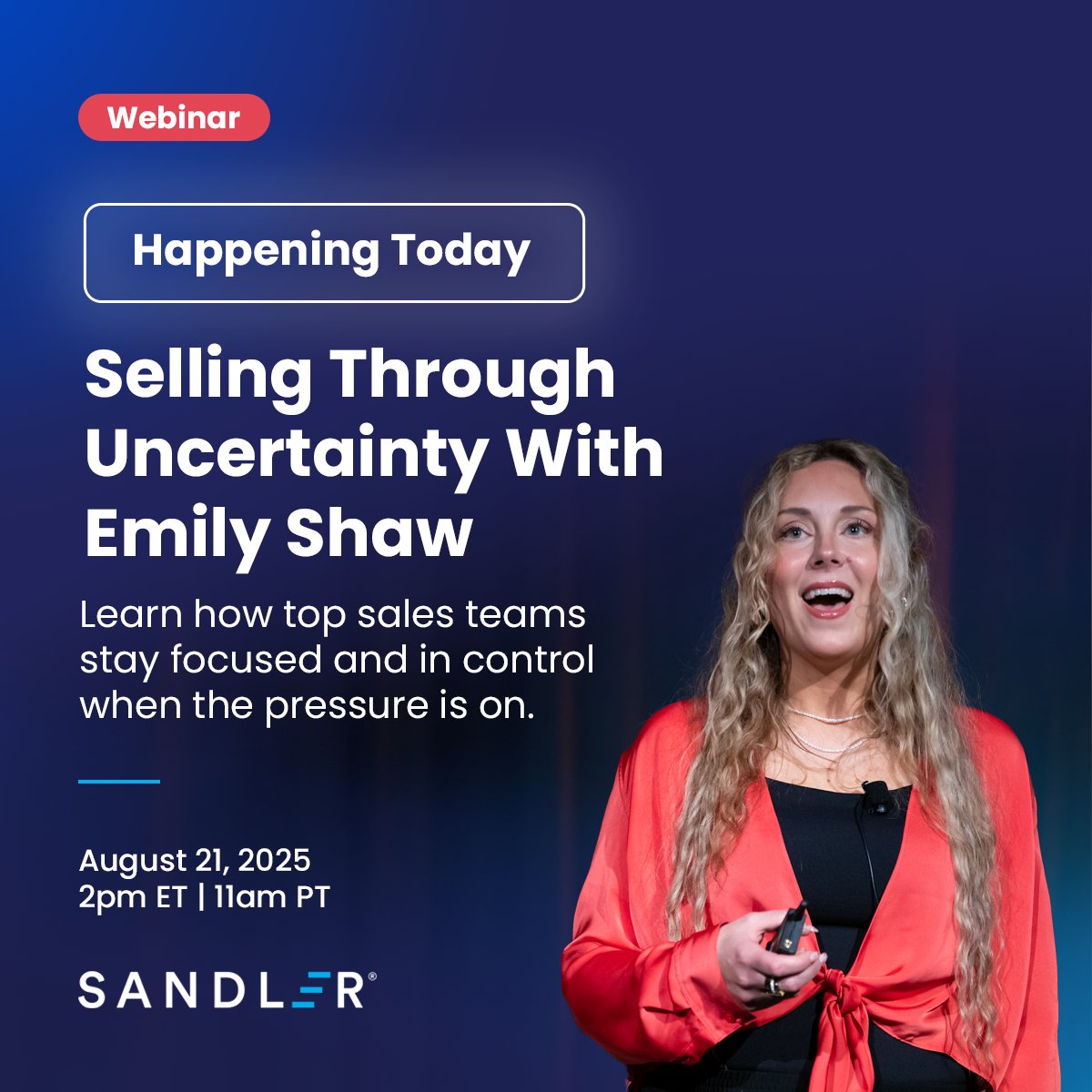 ⏰ Happening today! Join Emily Shaw for a Sandler webinar on building #SalesResilience.

Learn practical ways to stay focused, bounce back from setbacks, and lead with confidence—especially in uncertain times.

📢 Register now: info.sandler.com/build-resilien…

#SalesTraining