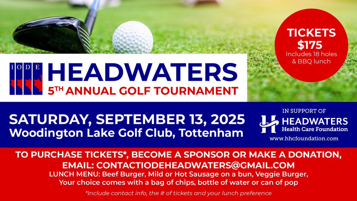 FORE a great cause! ⛳️ Join us for the Annual IODE Headwaters Golf Tournament on Saturday, September 13th at Woodington Lakes Golf Club!🏌️‍♂️ $175 per player – includes 18 holes of golf and a BBQ lunch! Don’t miss your chance to swing in support of Headwaters Health Care Foundation.