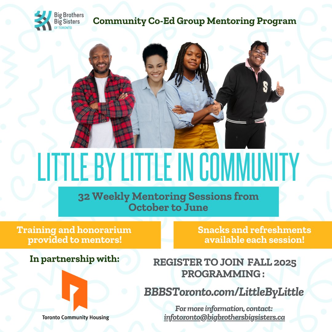 Thank you, Toronto!  So many have come forward, ready to become mentors to over 400 youth.  

This Fall we’re launching Little by Little in Community, a new co-ed group mentoring program in North West Toronto.

Sign up by Aug 31 to become a mentor! bbbstoronto.com/littlebylittle