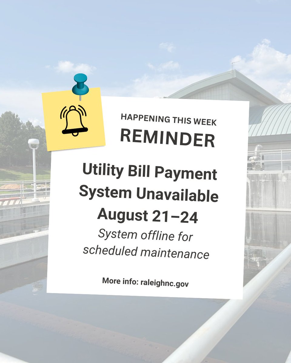 STARTING TODAY: Utility Payment Portal Upgrade
❌Down today @ noon–Sun, 8/24
No online payments
No start, stop, transfer service
Call Center open (limited)
Pay in person at Raleigh &amp; township offices
No Walmart payments
Late fees paused
Back Mon, Aug 25
ow.ly/2pVv50WJauC