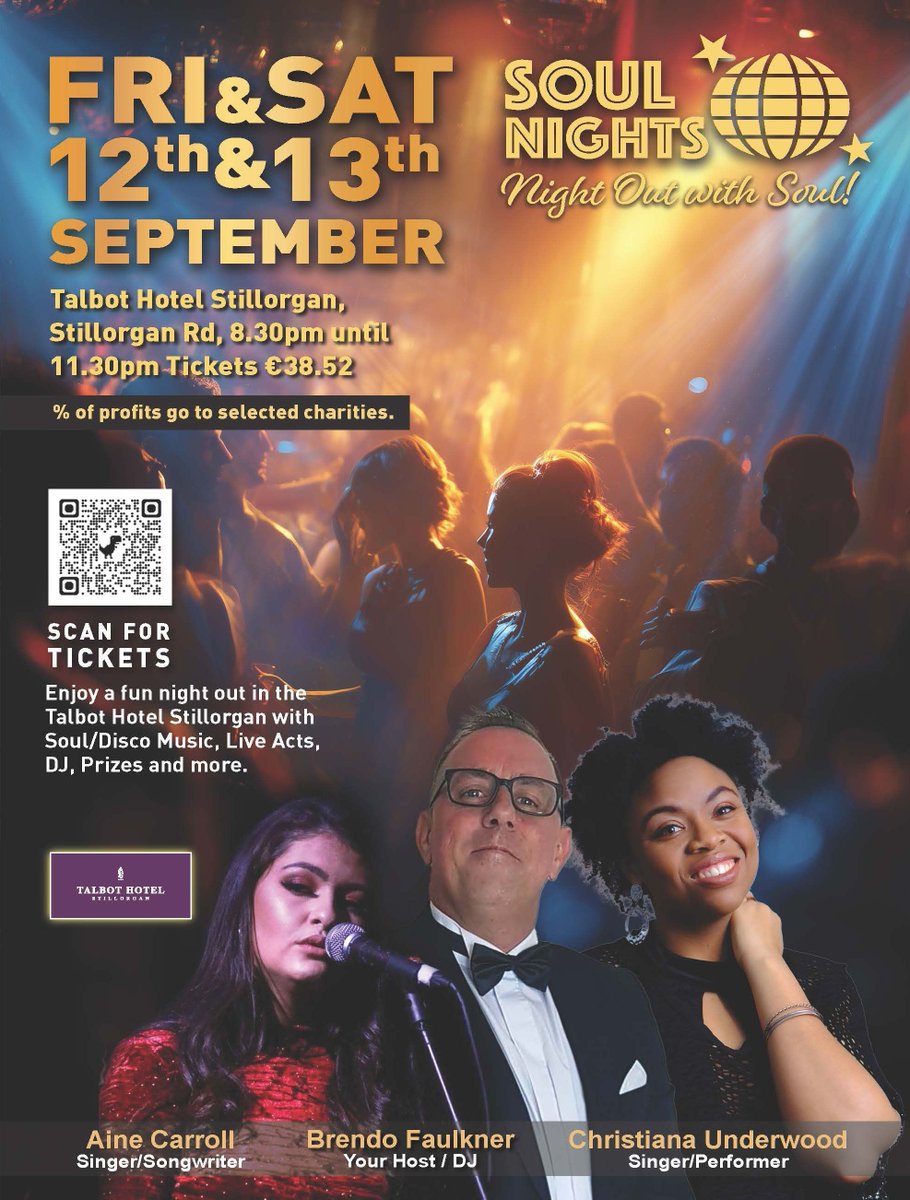 No plans yet for the weekend of 12-13 Sept? Come out to the Talbot Hotel in Stillorgan  for Soul Nights - fun evening of Soul/Disco Music, DJ,  and Live Acts. A portion of the proceeds support the Irish Emergency Alliance. Get your tickets here! buff.ly/pKx6zXA