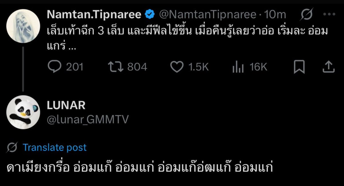 🤍: 3 of my toenails are torn, and I feel like I'm gonna have a fever. Last night made me realize that, oh, it's starting… old and dull.

🐼: Dame un grrr (old-kay?) Old-kay (old-kay, old-kay?) Old-kay

#NamtanTipnaree #LUNAR