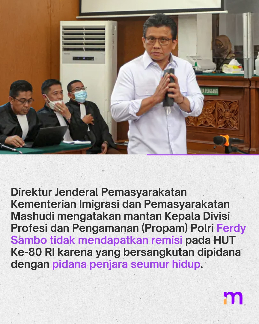 merdekadotcom's tweet photo. Ferdy Sambo tak dapat remisi HUT ke-80 RI karena dijatuhi hukuman penjara seumur hidup, sesuai Pasal 10 UU No.22/2022. Remisi hanya untuk narapidana berkelakuan baik dengan masa pidana terbatas. #FerdySambo #Remisi #mdkan #mdkmrs https://t.co/nTzXY6OdXF