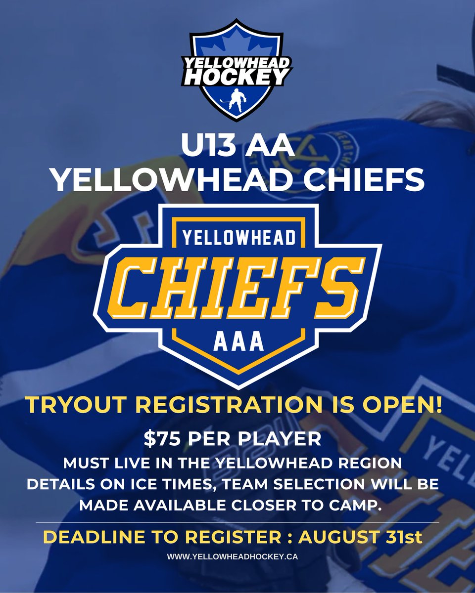 🟡 Must live in the Yellowhead Region
🟡 Must register with your MHA AND this tryout form
🟡 No age advancements allowed
DEADLINE TO REGISTER: AUGUST 31st
🏒 Register at this link: shorturl.at/55moq