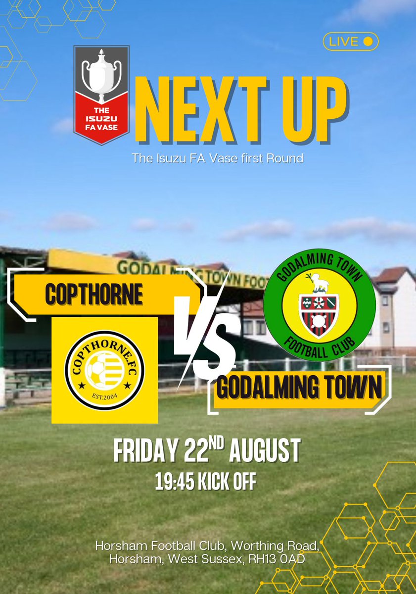 Godalming Town FC (@godalmingtown) on Twitter photo ⚽️ 𝑵𝒆𝒙𝒕 𝑼𝒑 𝑭𝒐𝒓 𝑻𝒉𝒆 𝑮𝒔 ⚽️ TOMORROW NIGHT CUP FOOTBALL UNDER THE LIGHTS
Gs begin their road to Wembley with a trip to <a href="/CopthorneFC/">Copthorne FC</a> in First Qualifying Round of the <a href="/IsuzuFAVase/">Isuzu FA Vase</a>. Being played at Horsham FC. Kick off is 7:45pm. COYGs ⚽️ 𝑵𝒆𝒙𝒕 𝑼𝒑 𝑭𝒐𝒓 𝑻𝒉𝒆 𝑮𝒔 ⚽️ TOMORROW NIGHT CUP FOOTBALL UNDER THE LIGHTS
Gs begin their road to Wembley with a trip to <a href="/CopthorneFC/">Copthorne FC</a> in First Qualifying Round of the <a href="/IsuzuFAVase/">Isuzu FA Vase</a>. Being played at Horsham FC. Kick off is 7:45pm. COYGs