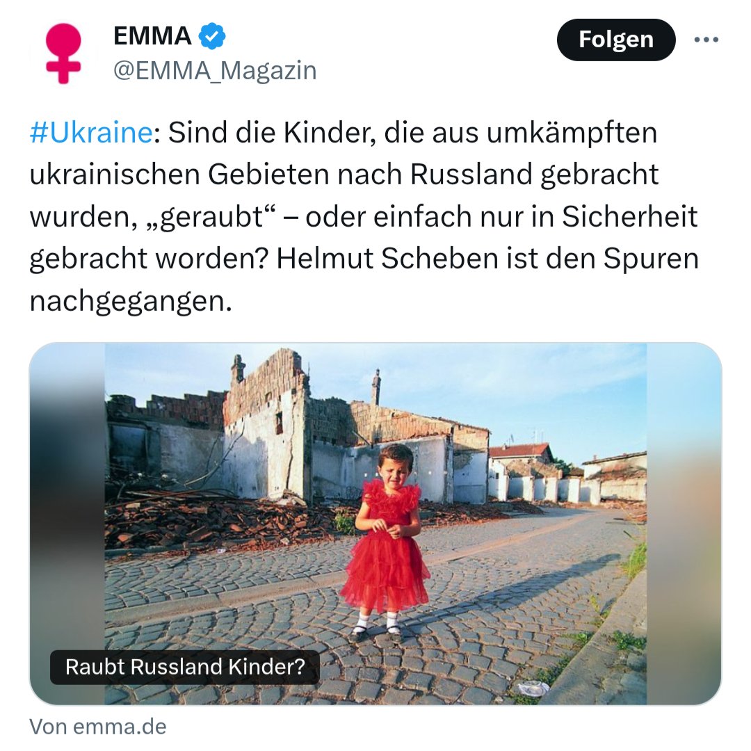 Russland hat die Heimat zerstört, die Familien ermordet und die Kinder deportiert.
Ohne Russland würden die Kinder in Sicherheit und Freiheit leben.

Was ist das bitte für eine Apologie von Kriegsverbrechen?