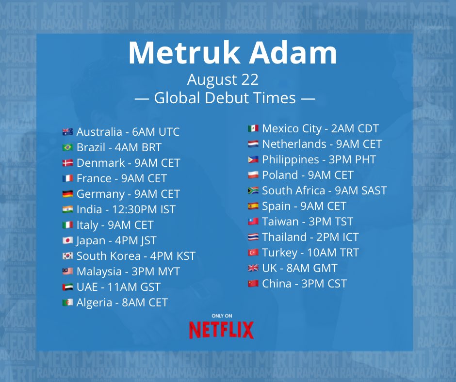 Horários de lançamento de #MetrukAdam na Netflix, disponível amanhã, dia 22.

Falta pouco!!