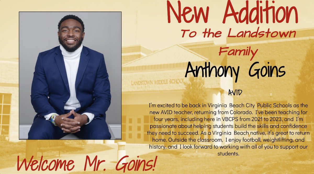 🎉 Lancer Nation, join us in giving a royal welcome to Mr. Coins, our new AVID teacher! We’re thrilled to have him in The Castle 🏰 Get ready for a legendary year! 💥 #ChargingIntoTheFuture <a href="/vbschools/">VBSchools</a> <a href="/ActivitiesLMS/">Landstown MS Student Activitites</a>
