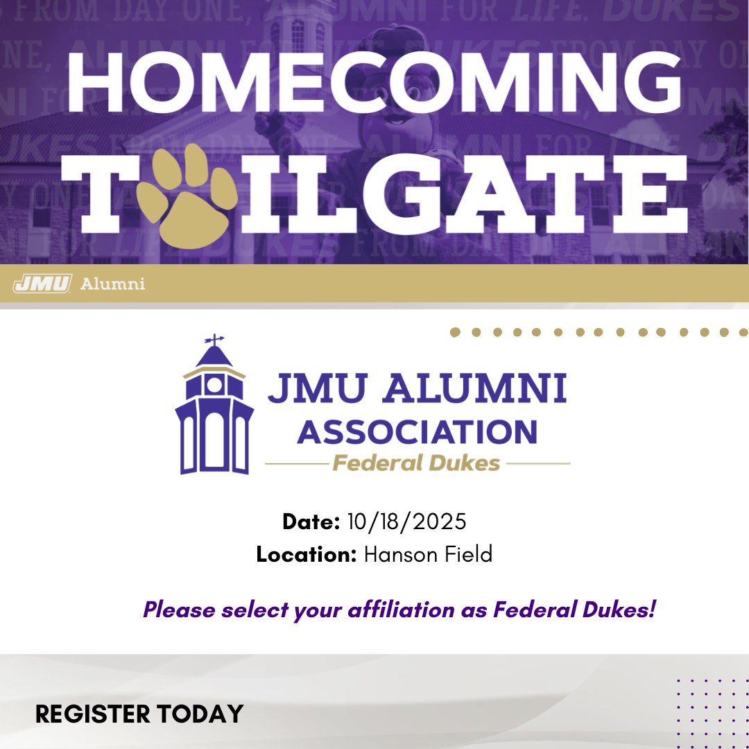 JMUFederalDukes's tweet photo. Join the JMU Federal Dukes for the best tailgate of the day as the Dukes take on the Old Dominion Monarchs! Please select your affiliation as Federal Dukes! Register today! 

https://t.co/svMK0x9qBY https://t.co/mEdNdMB9fY
