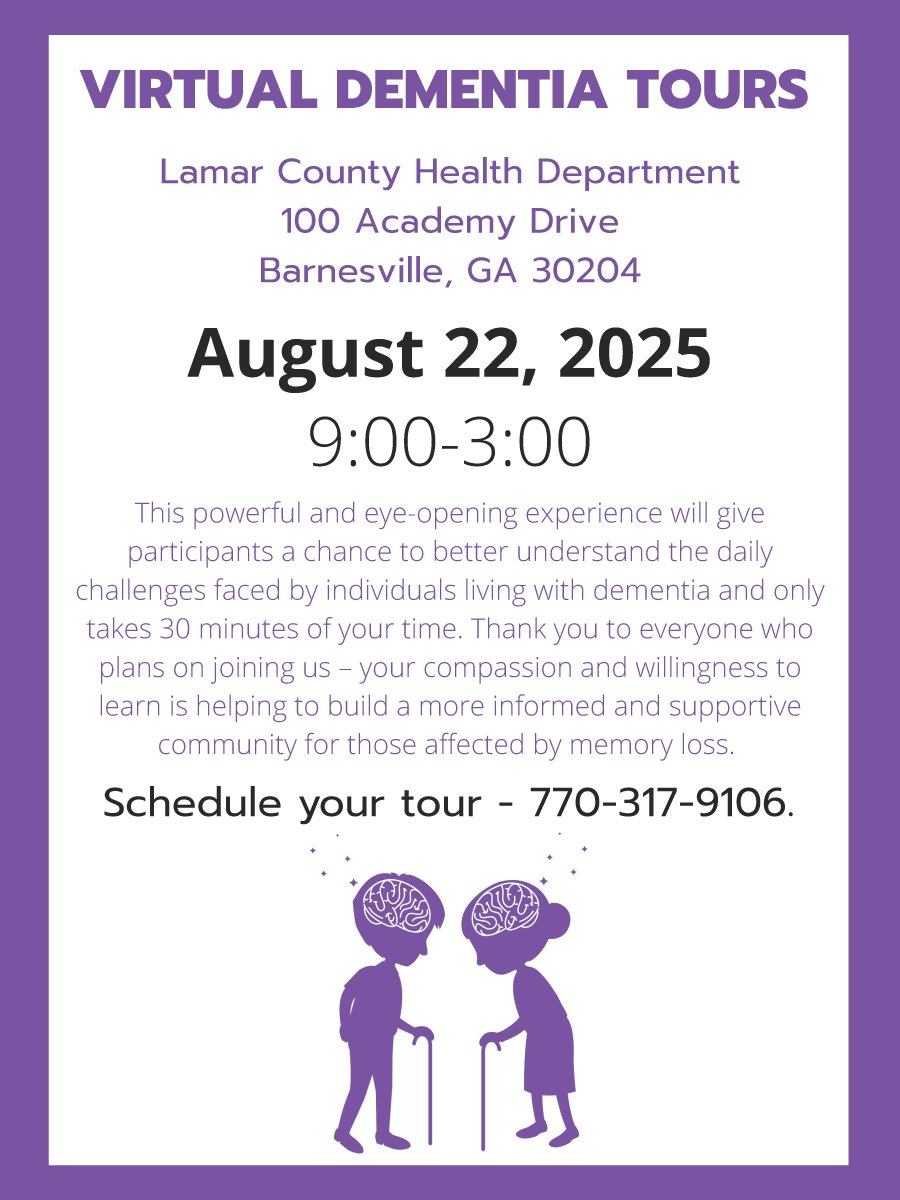 D4publichealth's tweet image. Join our Virtual Dementia Tour on 8/22/25 at Lamar County Health Dept! Gain empathy &amp;amp; understanding of daily challenges faced by those living with dementia. Call 770-317-9106 to schedule your 30-min experience. #VirtualDementiaTour #DementiaAwareness