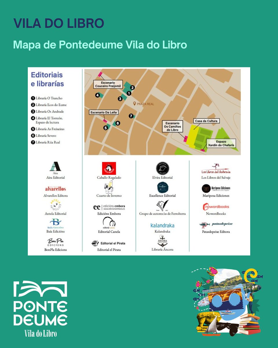 A #VilaDoLibro transforma Pontedeume nun mapa cheo de historias💚

🗺Descubre as localizacións das actividades e percorre as sete librarías efémeras espalladas pola vila, con editoriais que traen propostas únicas.

Hai un mundo literario agardando por ti nas rúas de <a href="/dePontedeume/">Concello de Pontedeume</a>