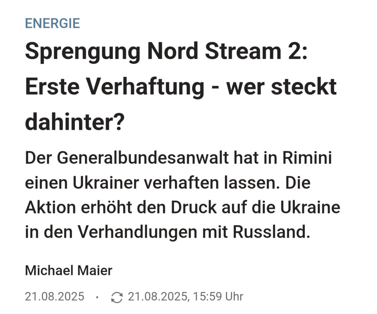 Wir brauchen einen #Untersuchungsausschuss zum Nord-Stream-Anschlag. Dieser staatsterroristische Akt muss endlich konsequent aufgeklärt werden. Es ist komplett abwegig, dass der nun Festgenommene und seine Mittäter ohne Rückendeckung der ukrainischen Führung und der damaligen