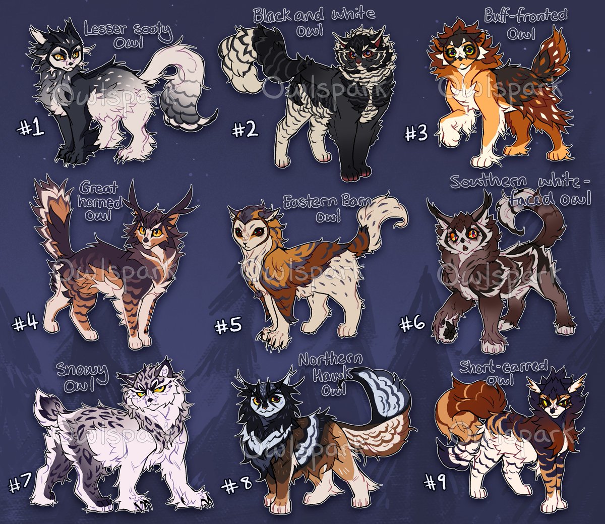 Finally finished all these owl cat adopts!! Each one is 75$ usd, DM to claim, first come first serve! Also, there's an option to pay 130$ instead and I can make a full ref sheet for the adopt (example in thread), plus make any small edits/add accessories! Limited slots though!