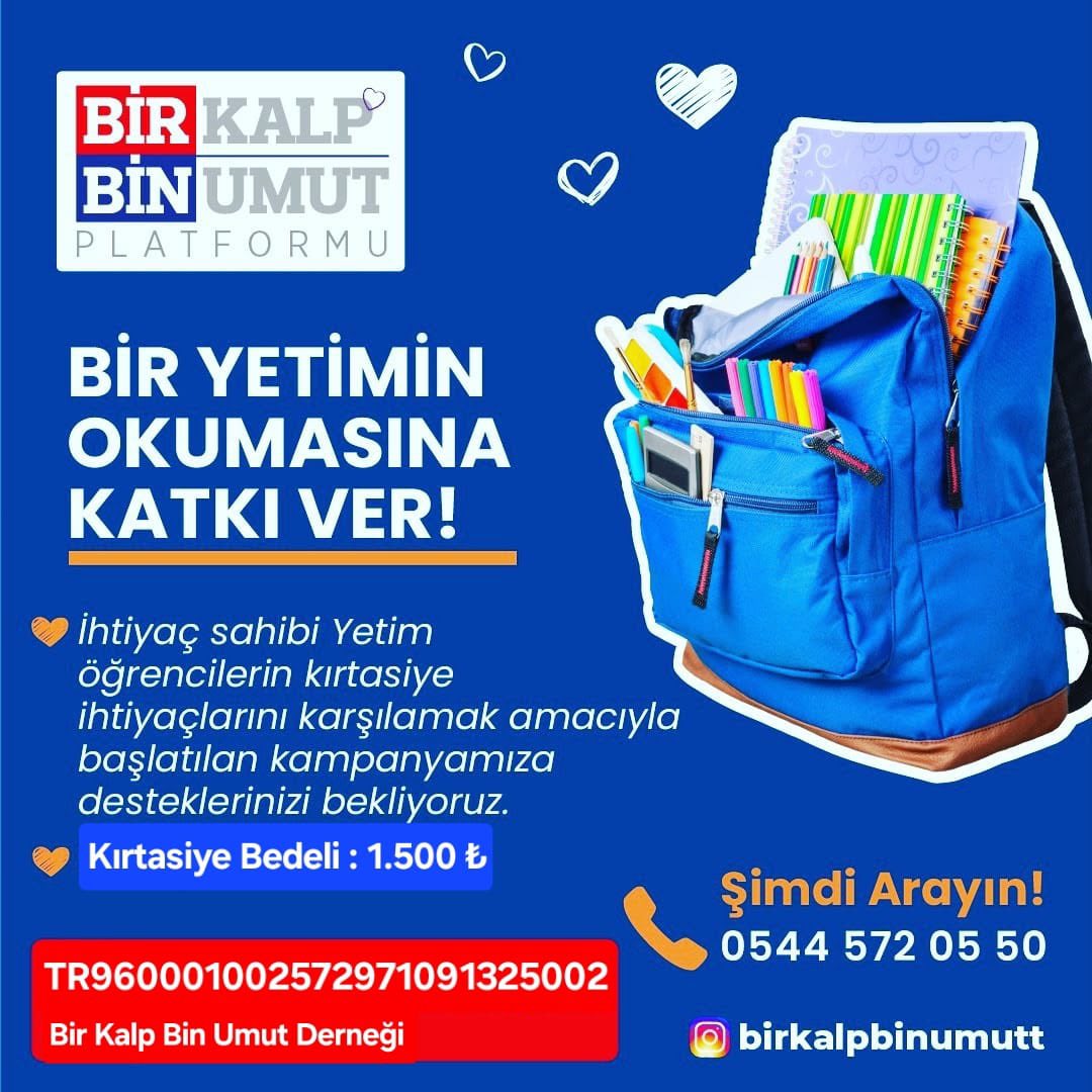 bilallerbak's tweet photo. Bir yetimin elinden tutmak, geleceğine ışık olmak demektir.
Bir Kalp Bin Umut Derneği olarak, ihtiyaç sahibi yetim öğrencilerimizin kırtasiye ihtiyaçlarını karşılamak için başlattığımız kampanyamıza siz de destek olabilirsiniz.

🎒 Kırtasiye bedeli: 1.500 ₺ https://t.co/azApGS61GQ