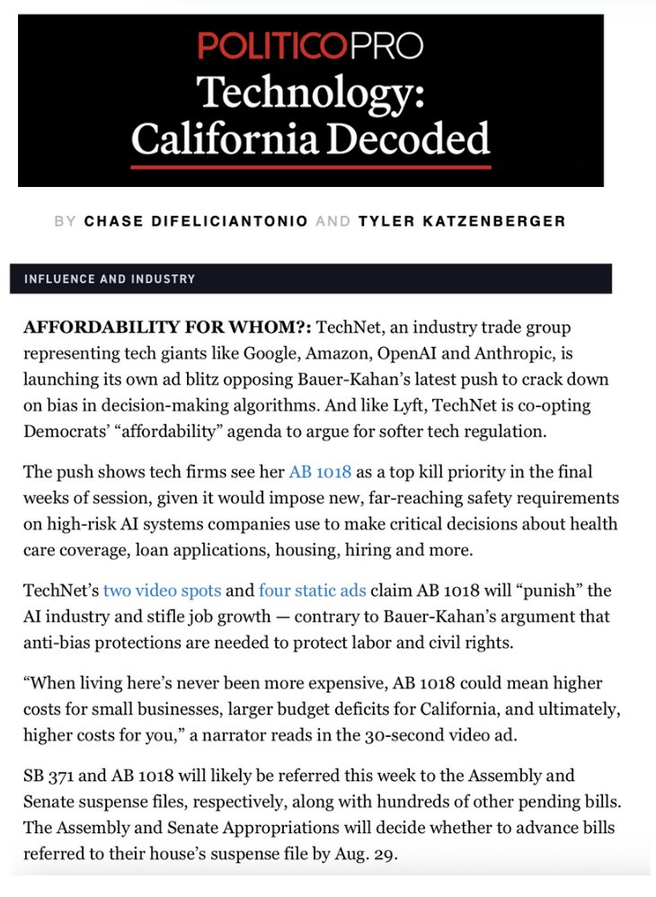 TechNetSW's tweet image. We launched an @ai4america campaign highlighting the flaws in CA AB 1018. Despite its stated goal to address discrimination in ADS, it would harm California businesses, stifle innovation, and undercut the state economy. Watch here: bit.ly/4mYboKN subscriber.politicopro.com/newsletter/202…